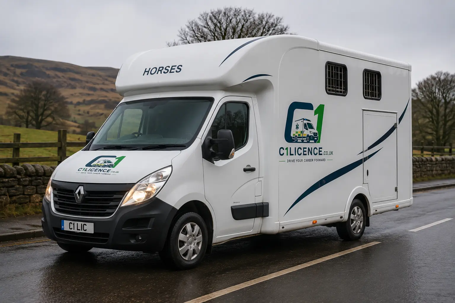 Horsebox on the road for C1 horsebox training